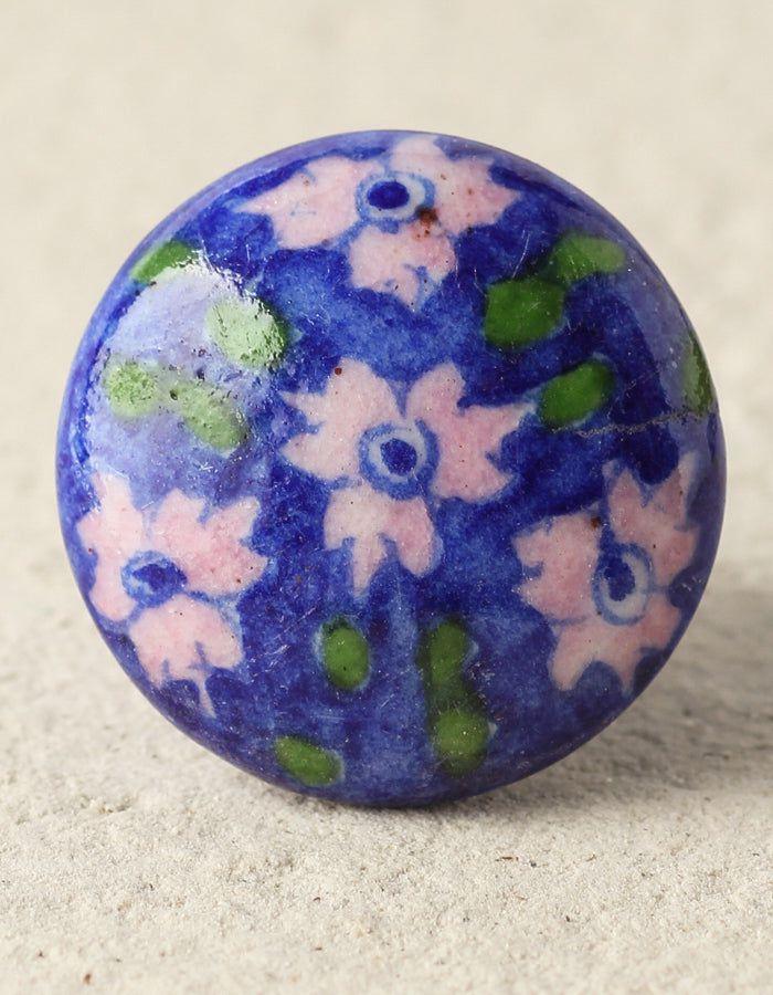 Knobco Knobs | Pink Flower On Blue Base Ceramic Blue Pottery Kitchen Cabinet Cabinet Knobs Knobco Knobs