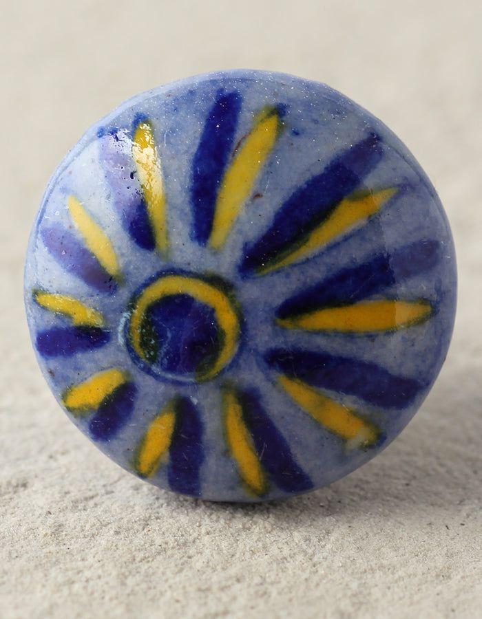 Knobco Knobs | Purple Ceramic Blue Pottery Door With Blue And Yellow Print Cabinet Knobs Knobco Knobs